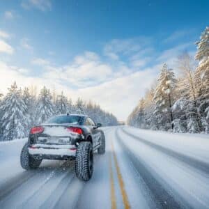 Car with winter tires Ontario or winter tires Quebec, emphasizing winter driving safety