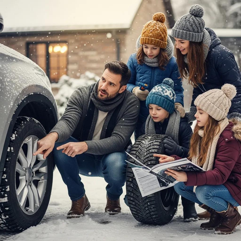 Family checking winter tires in a snowy driveway, illustrating Ontario's winter tire recommendations